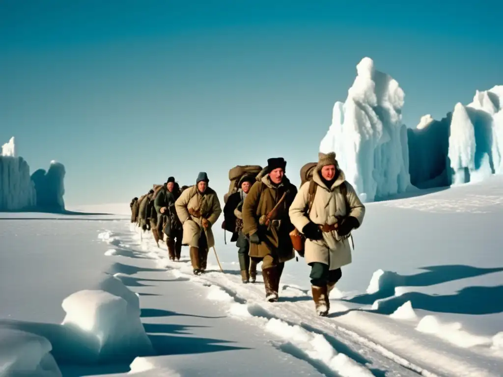 Exploradores polares trudando en paisaje nevado, sobrevivir al frío extremo: Técnicas de grandes exploradores polares