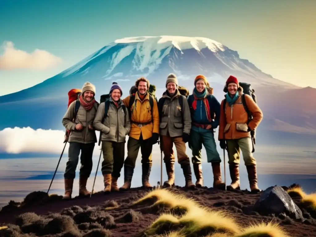 Exploradores triunfantes en la cima del Kilimanjaro, con paisaje de montañas nevadas y espacios vírgenes