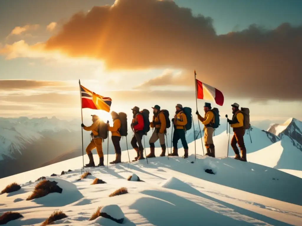 Grupo de grandes exploradores triunfantes en una montaña nevada, con banderas y un paisaje impresionante