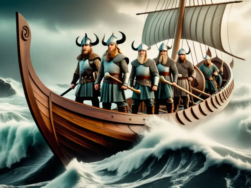 Vikingos explorando en un barco con dragones en la niebla - Rutas Terrestres Vikingas