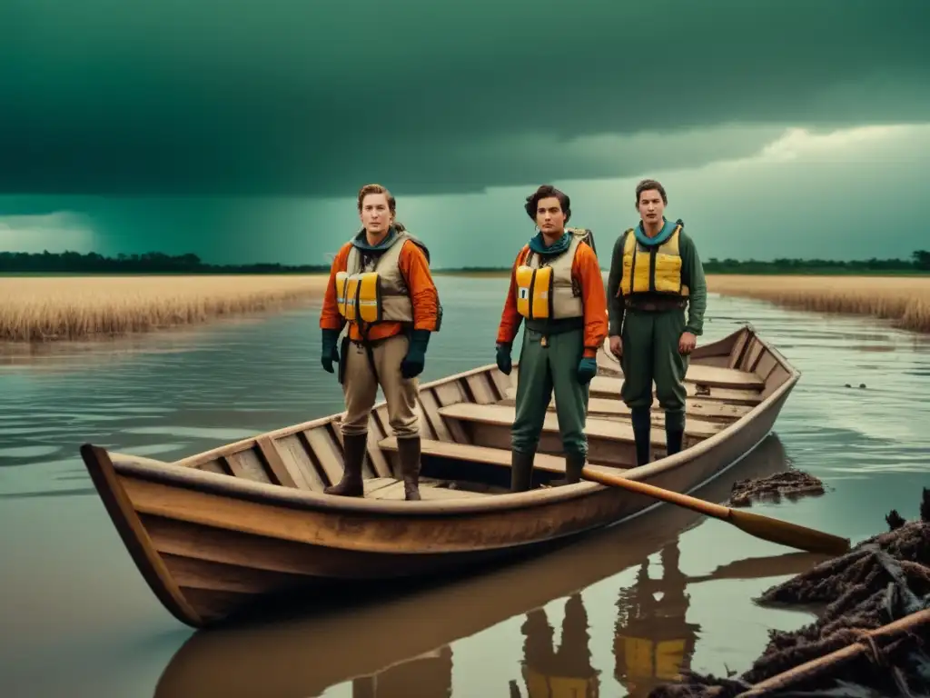 Grupo de exploradores en bote superan obstáculos en paisaje inundado, evocando espíritu de aventura y resiliencia en situaciones extremas