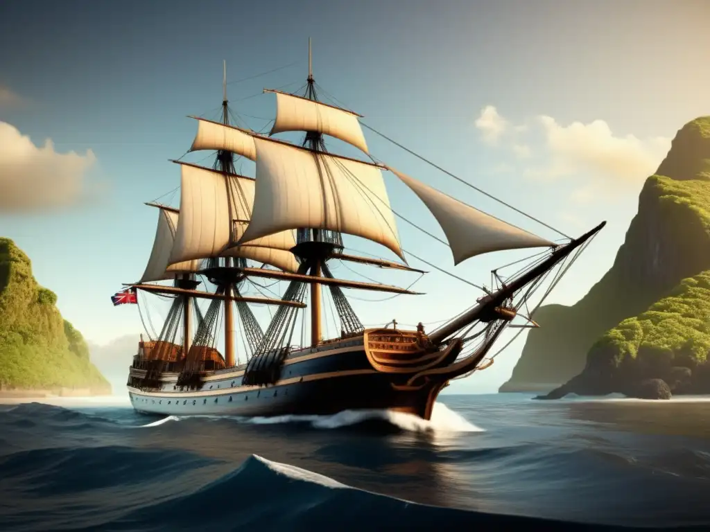 HMS Beagle en isla tropical: Belleza vintage Imagen del HMS Beagle, barco de Darwin en