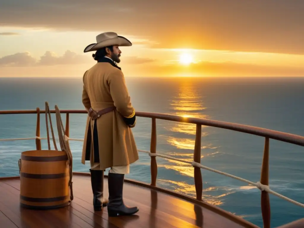 Imagen de Juan Rodríguez Cabrillo explorando la vastedad del océano Pacífico al atardecer, evocando aventura y descubrimiento