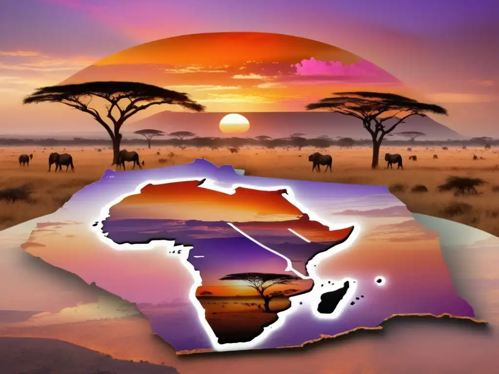 Paisaje africano al atardecer con mapa antiguo y exploradores Livingstone y Stanley: La lucha por descubrir los misterios de África