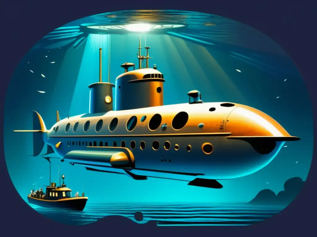 Descubrimiento de especies marinas: submarino retro y criaturas fascinantes en las profundidades del océano