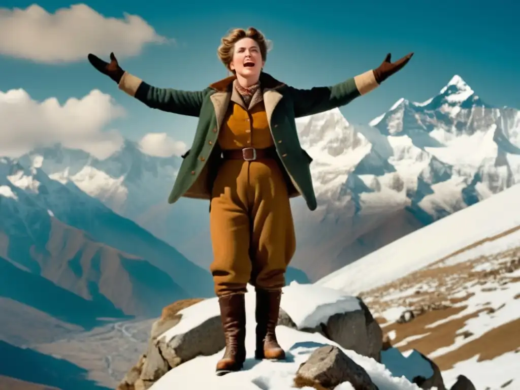 Fanny Bullock Workman triunfante en el Himalaya, vestida de alpinista, mirando el paisaje majestuoso de montañas nevadas