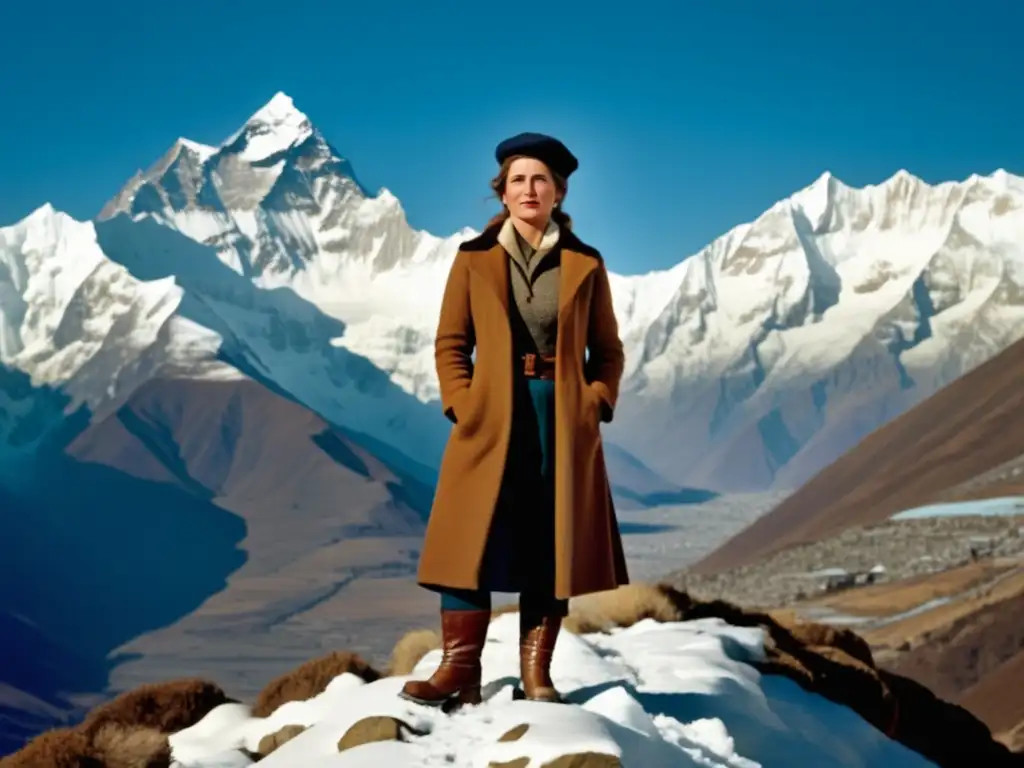 Fanny Bullock Workman triunfante en cima nevada del Himalaya, vestida con atuendo montañero tradicional del siglo XX