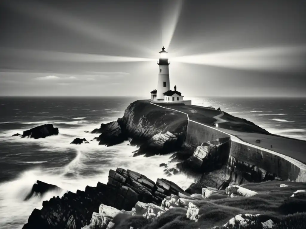 Foto vintage de un faro en un acantilado rocoso, iluminando la noche con su luz