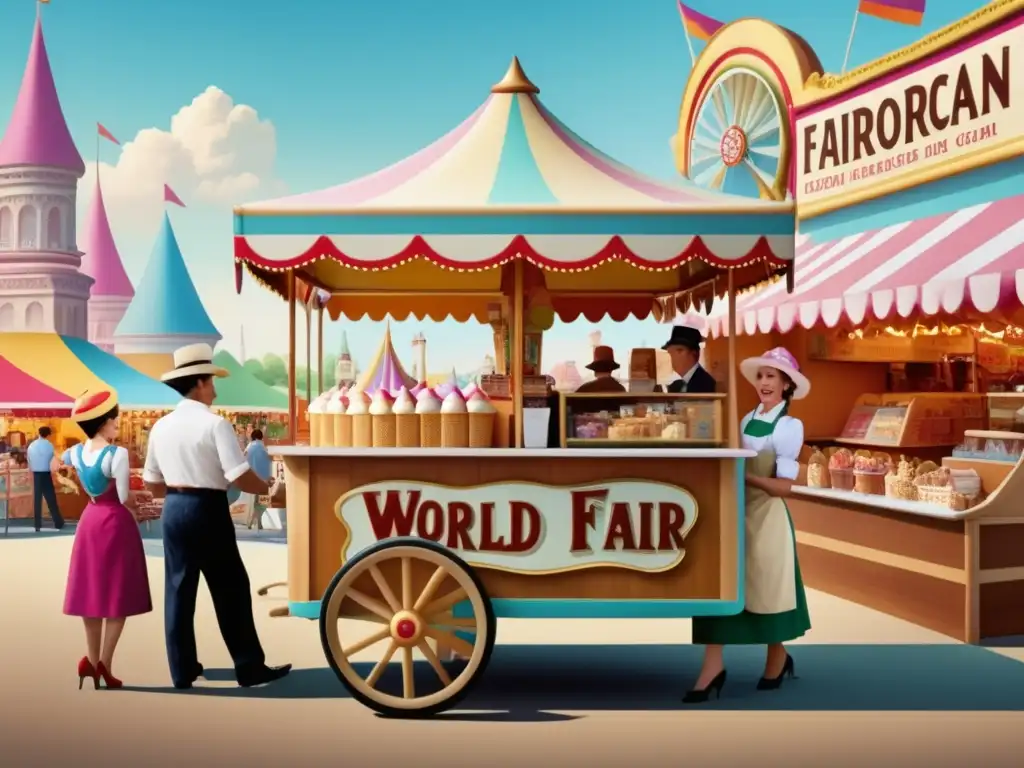 Feria Mundial: Escena vibrante con vendedor de helados y clientes felices