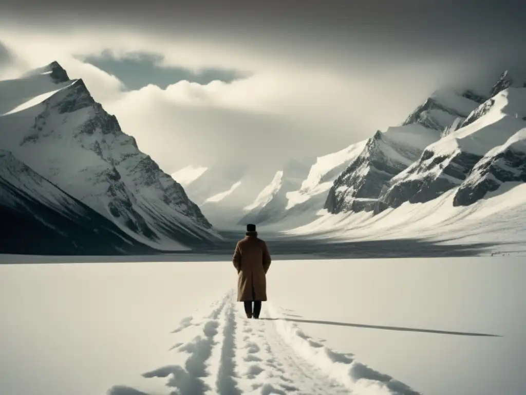 Fotografía vintage de figura solitaria en paisaje nevado con montañas, evocando aislamiento y reflexión