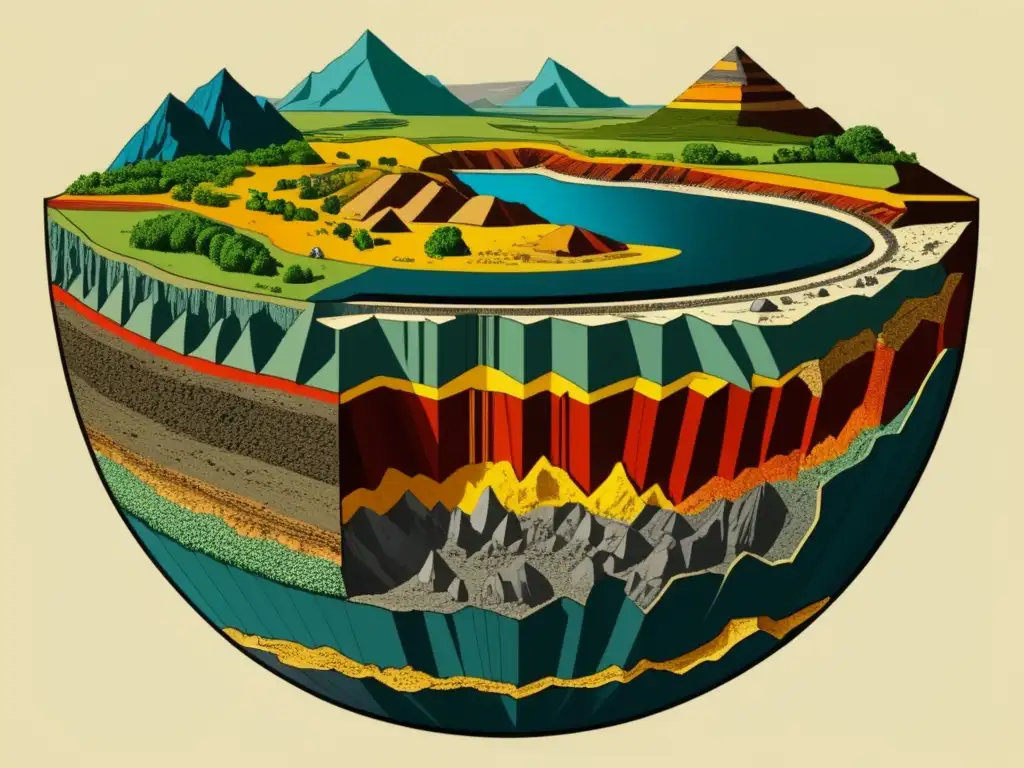 Ilustración vintage: Formación de diamantes en la corteza terrestre, con condiciones geológicas, carbonatización, presión y temperatura