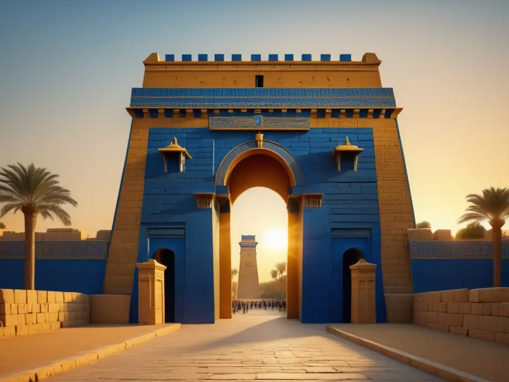 La majestuosa Ishtar Gate en la antigua ciudad de Babilonia, con sus ladrillos azules y relieves animales