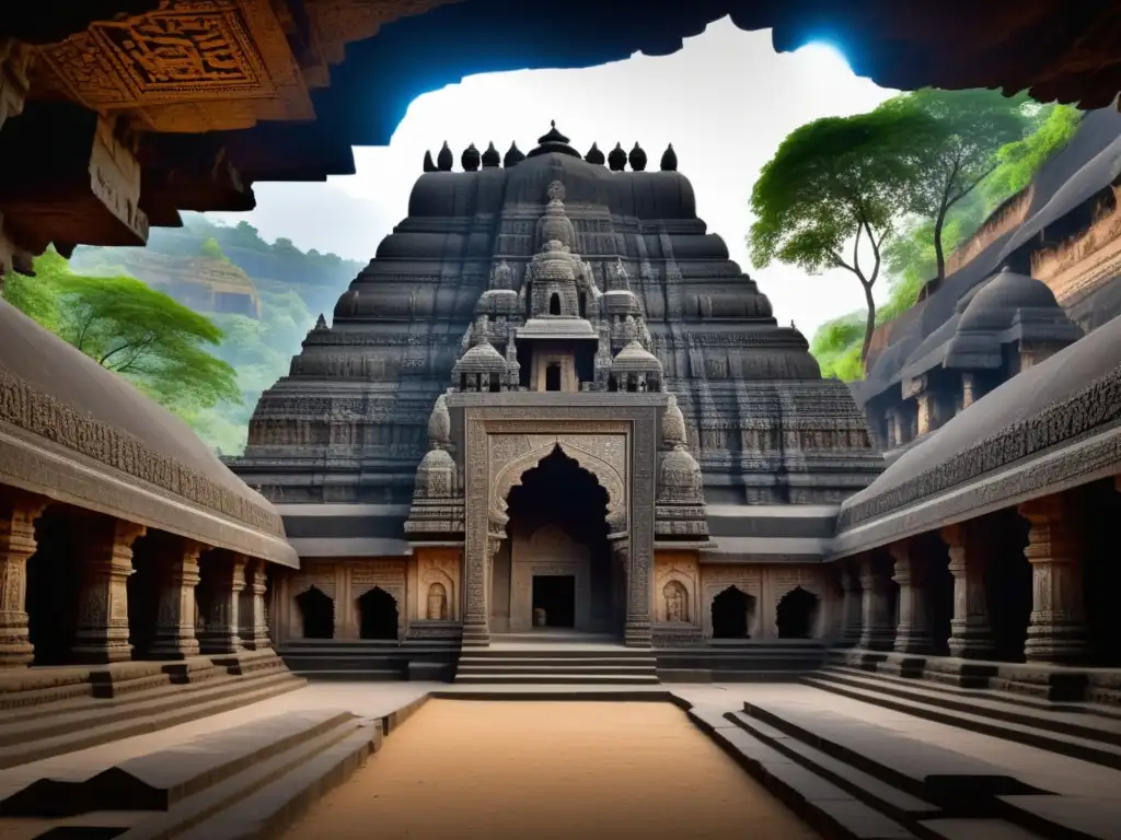 Cuevas de Ajanta: Arquitectura y pinturas antiguas en blanco y negro, un tesoro cultural cautivador