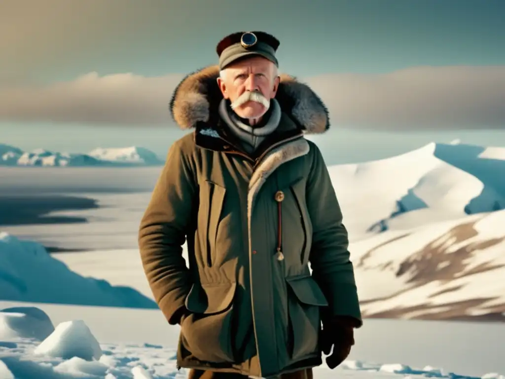 Imagen de Fridtjof Nansen en la cima de una montaña nevada, vestido de explorador y sosteniendo una brújula