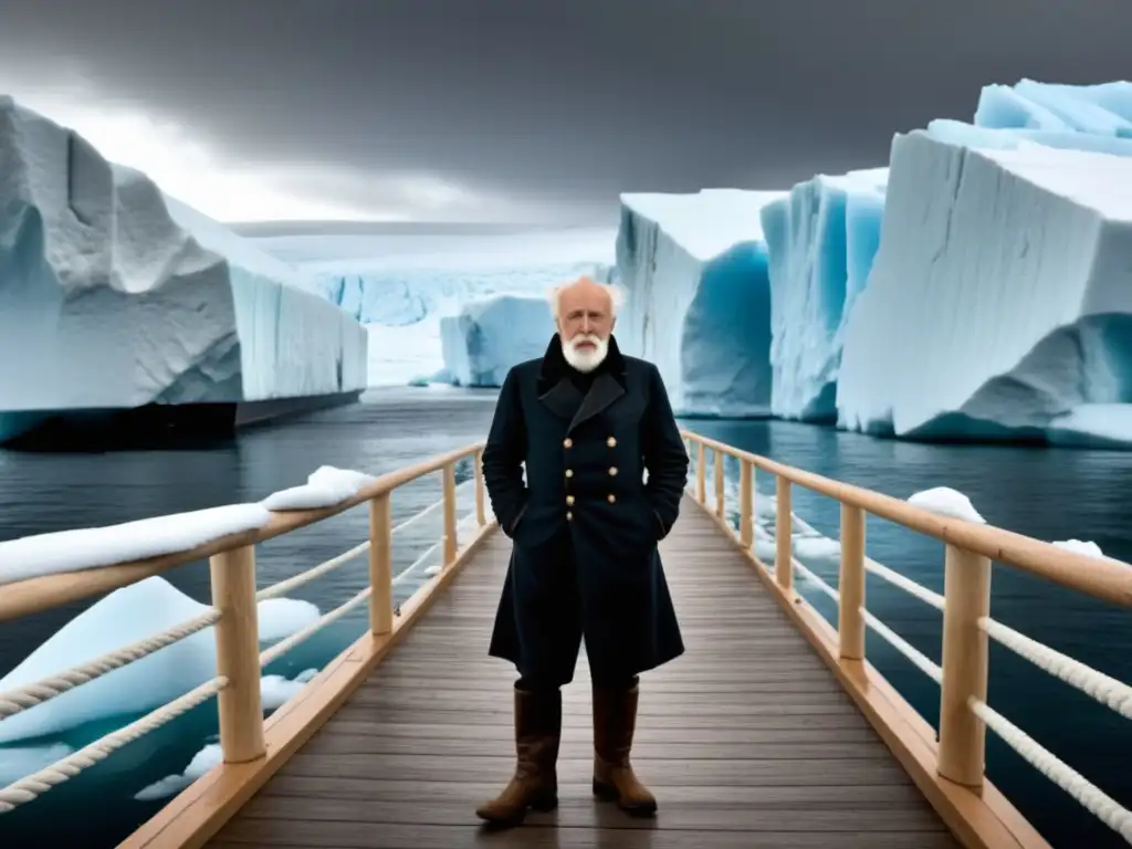 Fridtjof Nansen en barco vintage en el Ártico rodeado de icebergs, evoca su vida como aventurero polar y diplomático