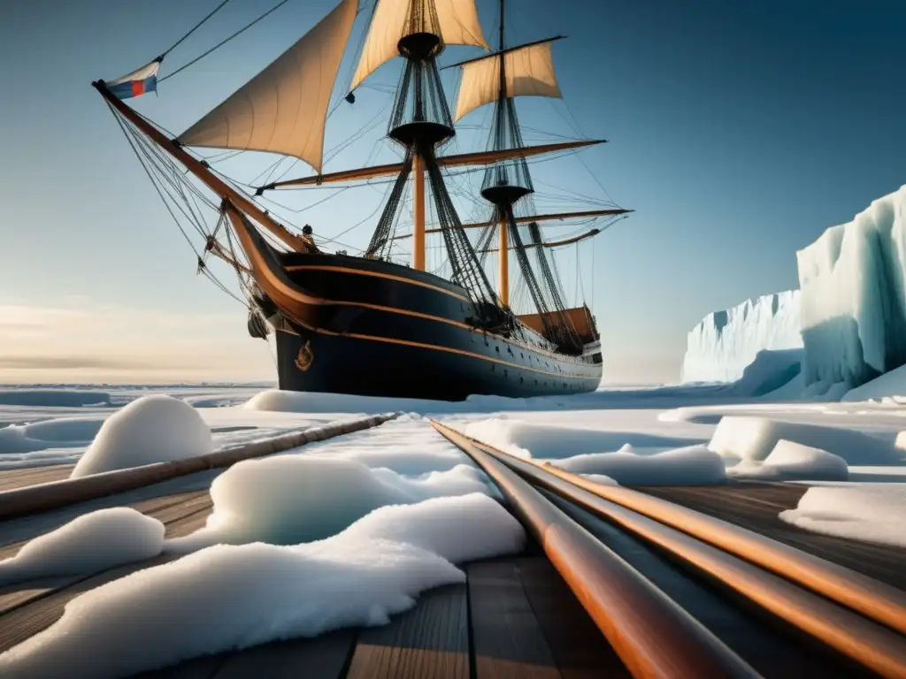 Exploración polar de Fridtjof Nansen en el icónico barco Fram, rodeado de icebergs y la belleza del atardecer