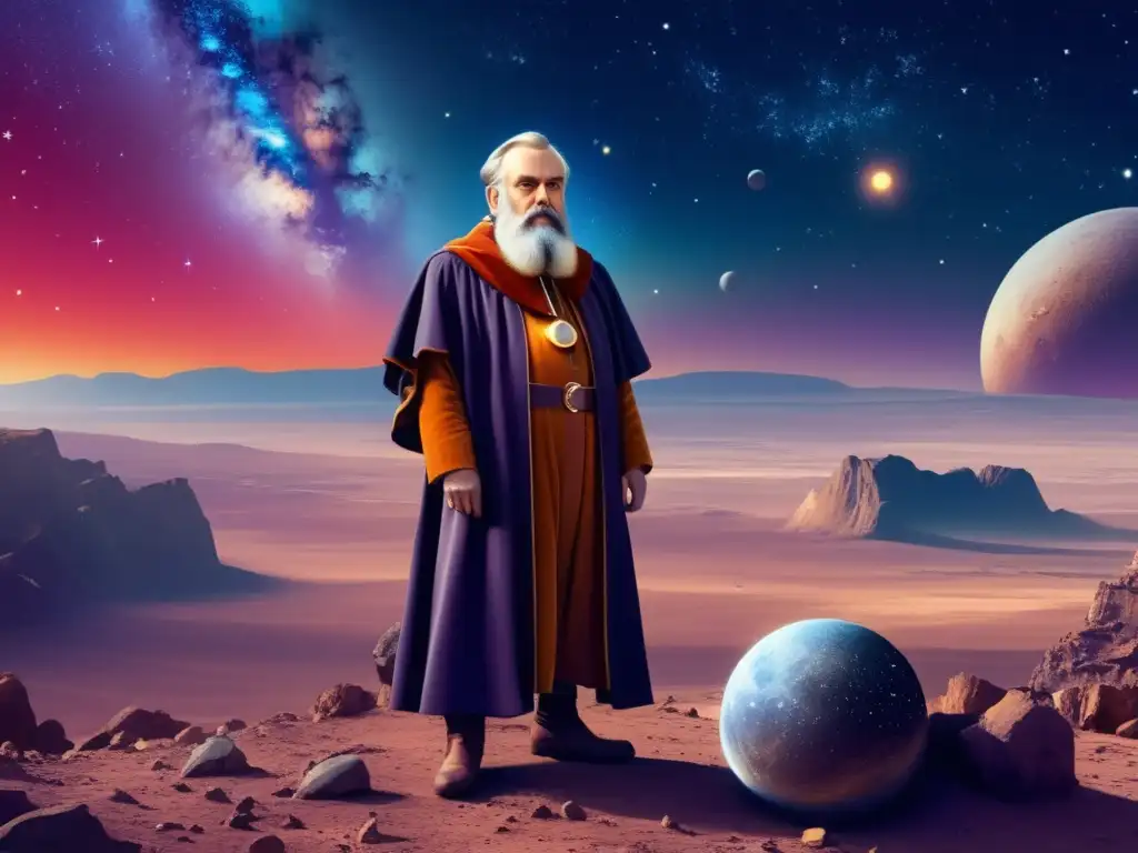 Ilustración vintage de Galileo Galilei en un planeta distante, con un telescopio, cráteres y estrellas - Expedición de Galileo Galilei al cosmos