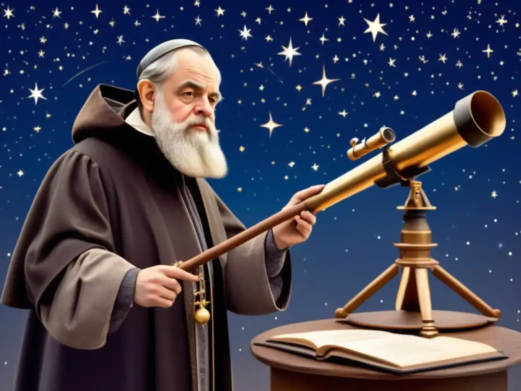 Galileo Galilei en su telescopio, con el cosmos de fondo