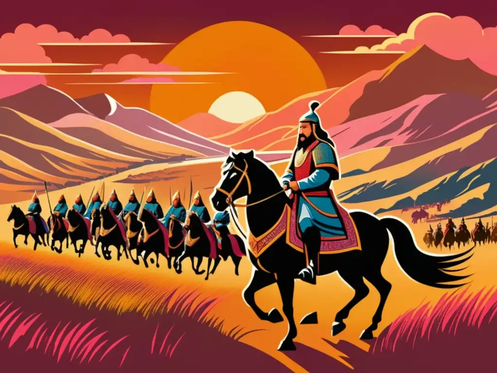 Genghis Khan liderando ejército mongol en las estepas con grandiosidad y descubrimiento