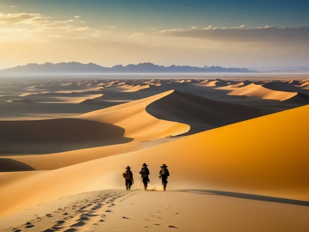 Expedición Desierto de Gobi: Escena impresionante del árido paisaje del Gobi, con dunas de arena dorada y exploradores en silueta