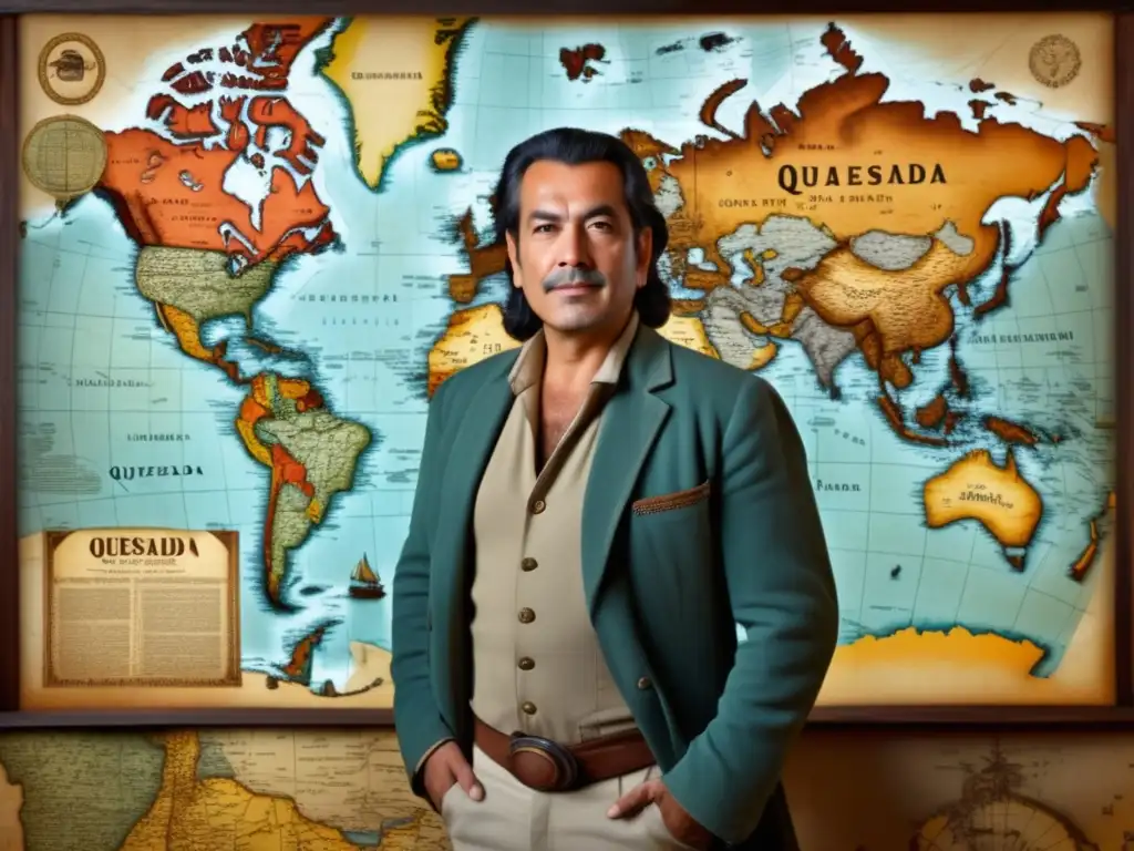 Gonzalo Jiménez de Quesada, explorador en un mapa vintage