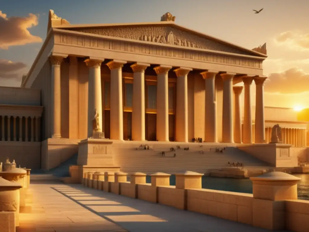 La majestuosidad de la Gran Biblioteca de Alejandría en Grecia antigua durante el atardecer dorado