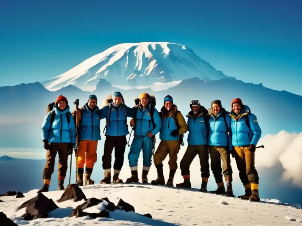 Conquista del Kilimanjaro: Grupo de aventureros celebrando en la cima del monte, cielo azul, montaña majestuosa, tiendas de campaña vintage