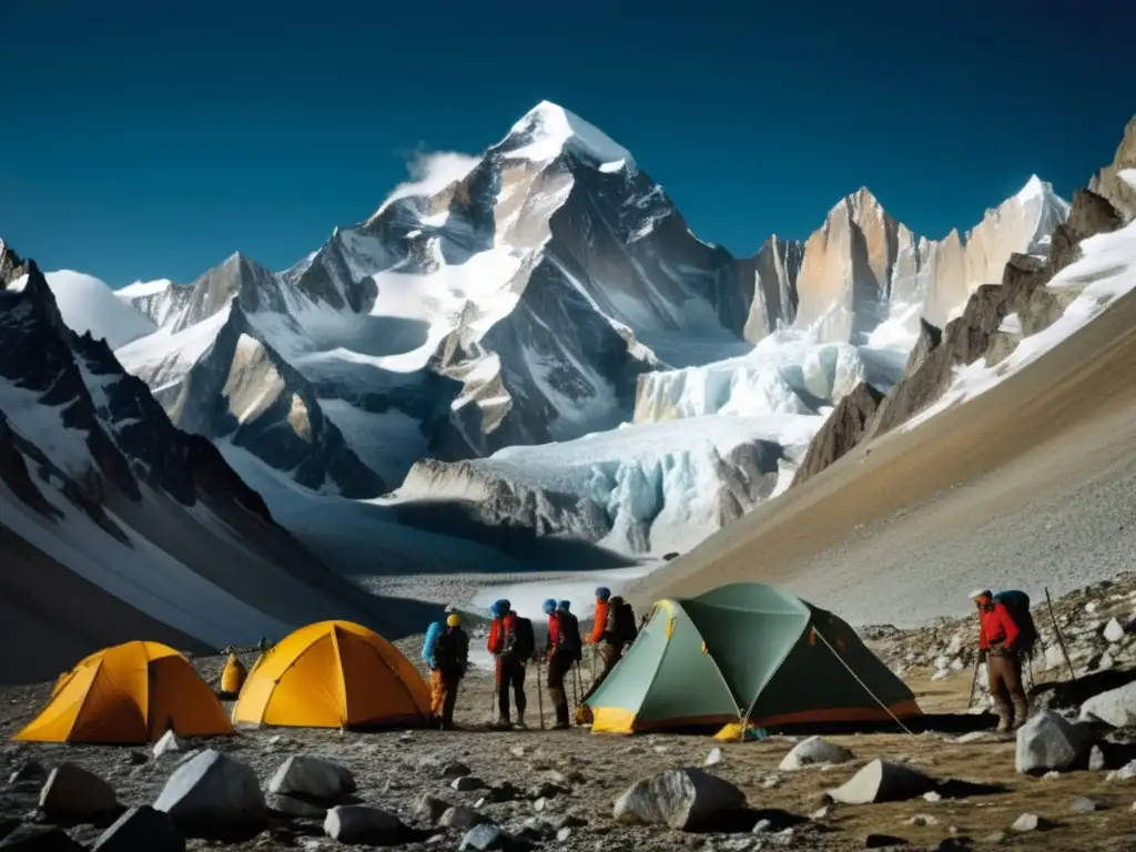 Grupo de montañistas en el campamento base de Broad Peak, preparándose para conquistar la tercera montaña más alta del mundo