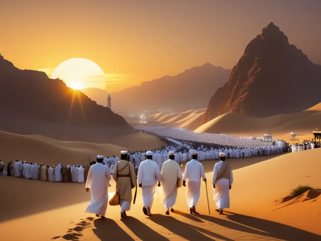 Grupo de peregrinos en el Hajj, con atardecer dorado y paisaje desierto