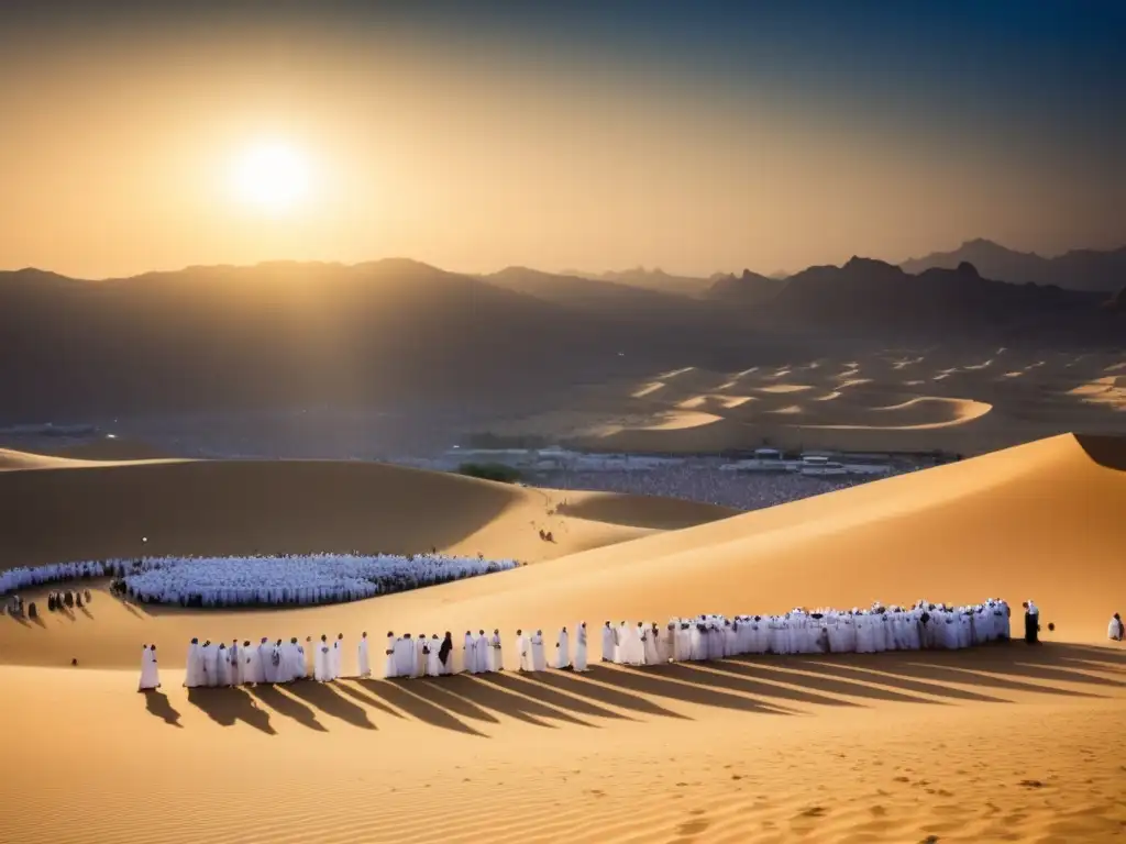 El Intrigante Camino del Hajj: Pasos hacia la Redención - Imagen de la peregrinación con paisaje desértico y peregrinos en oración