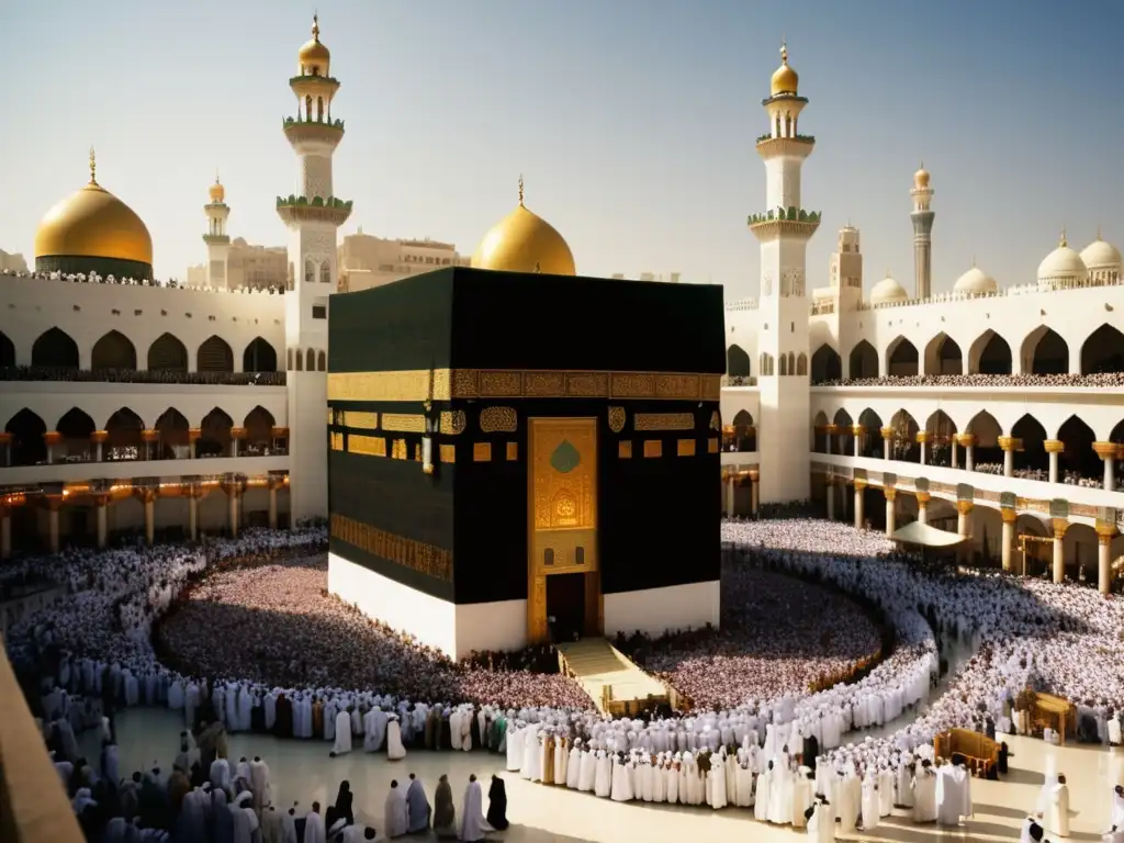 Rutas del Hajj: Gran Mezquita de La Meca, peregrinos en oración bajo la luz dorada