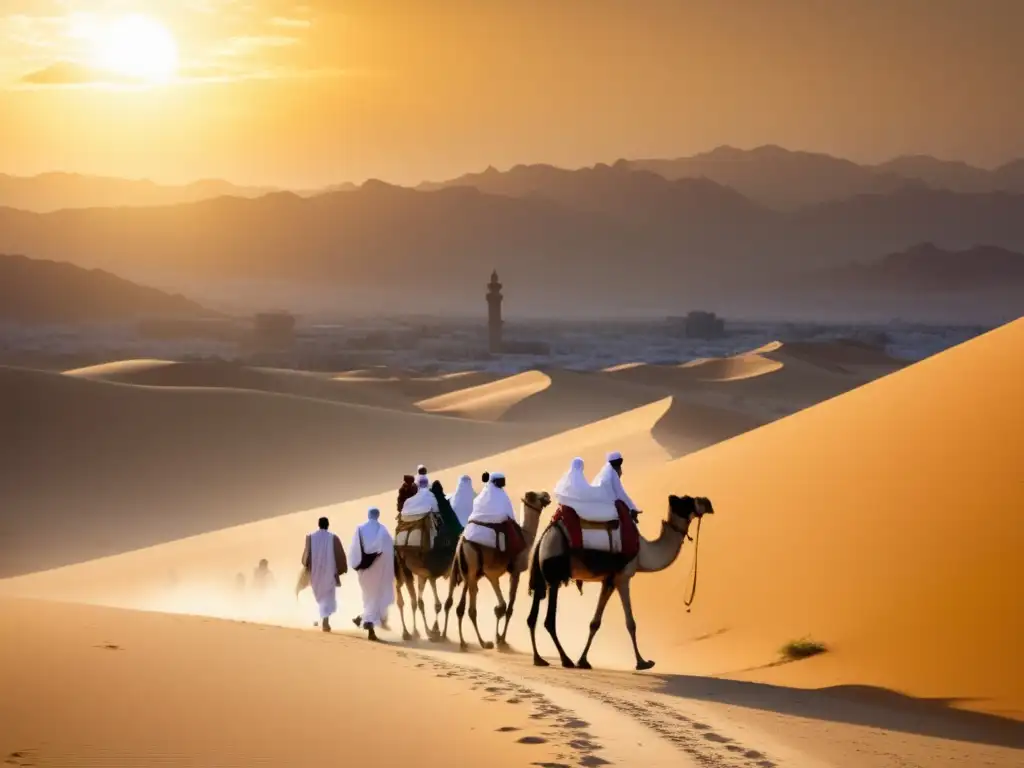 Peregrinaje Sagrado: Rutas del Hajj con peregrinos vestidos de blanco y camellos en paisaje de dunas doradas