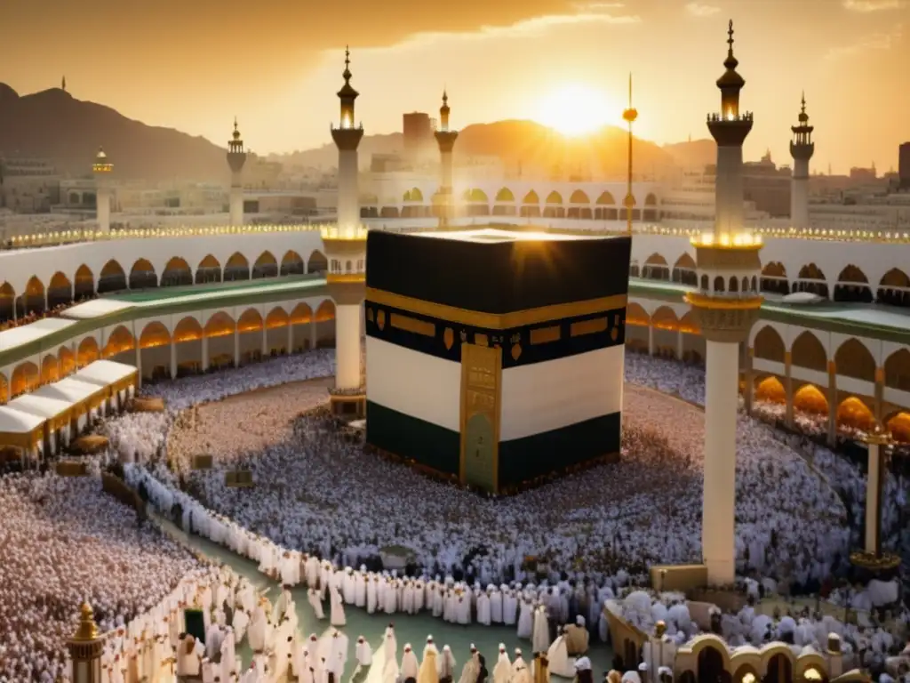 Vista panorámica de la antigua ciudad de Mecca durante el Hajj, con peregrinos vestidos de blanco caminando hacia la Kaaba bajo el cálido sol dorado