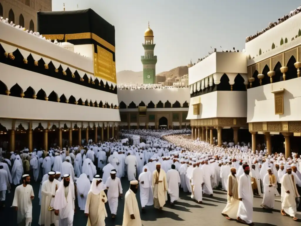 El Mapa de la Devoción: Un Viaje por las Rutas del Hajj, una imagen vintage de una calle bulliciosa en La Meca durante la peregrinación