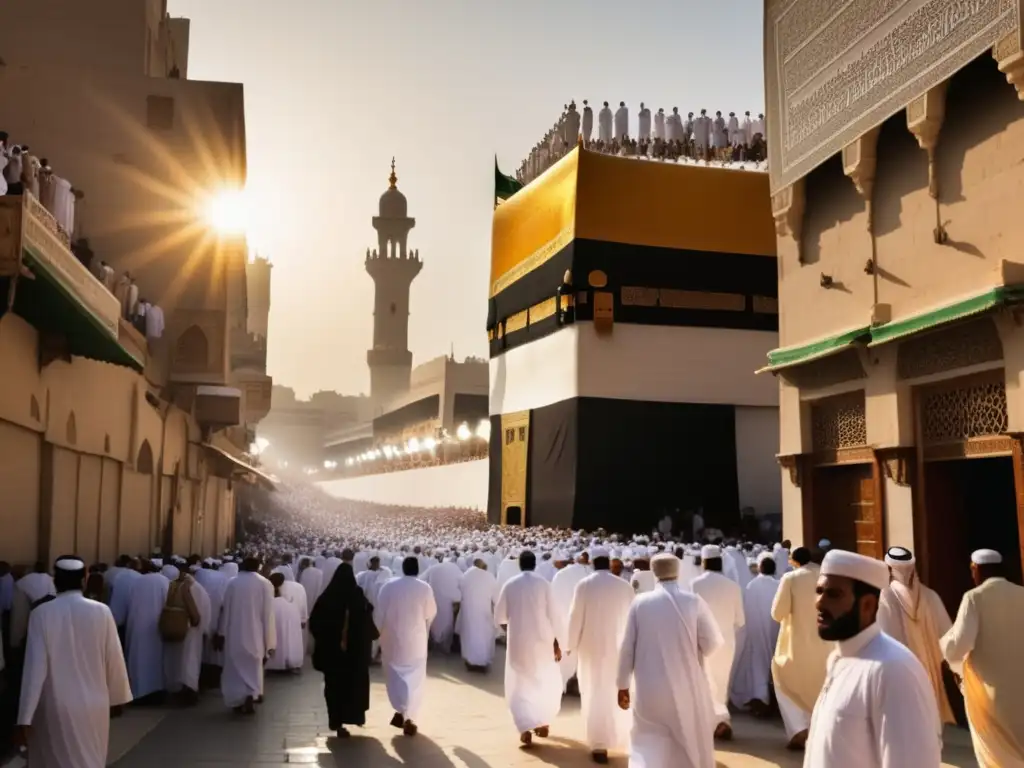 Peregrinaje Sagrado: Rutas del Hajj - Multitud de peregrinos en calles adornadas con caligrafía árabe y edificios antiguos