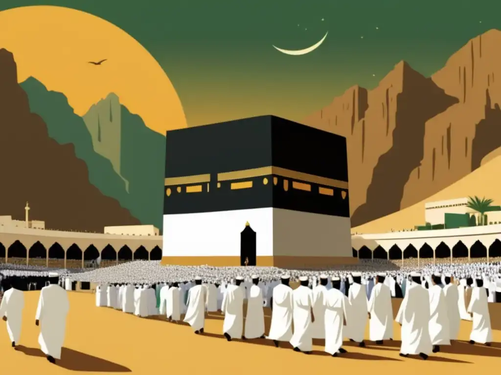 Ilustración vintage de los ritos sagrados del Hajj: Tawaf, Sa'y y Wuquf