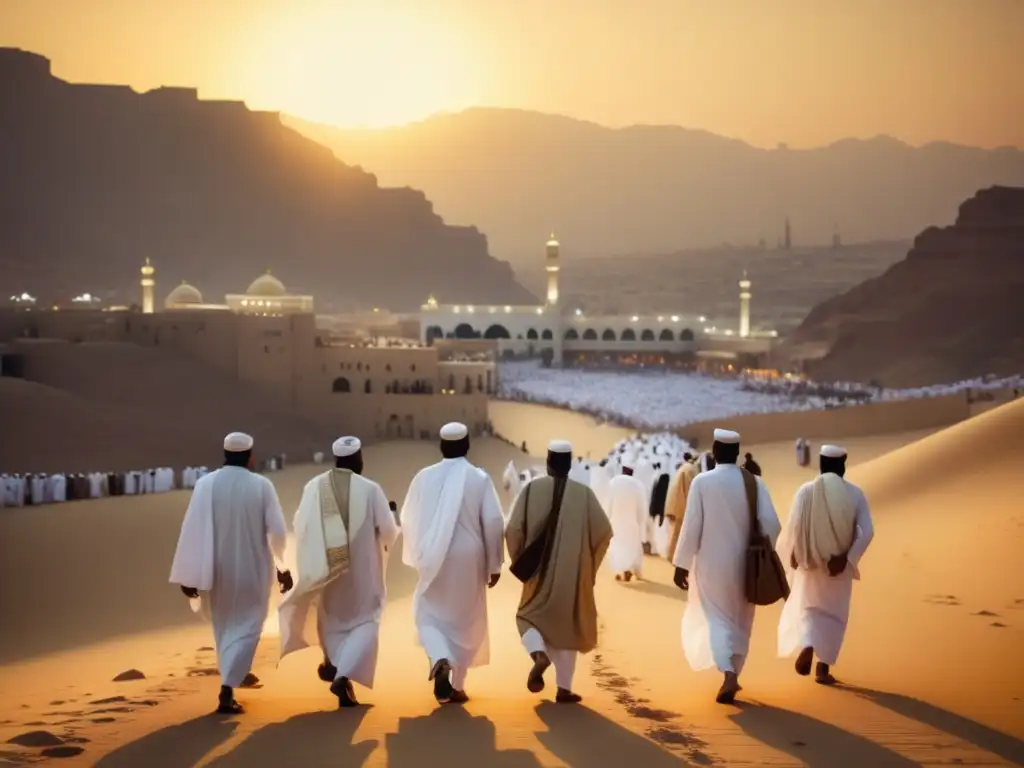 Peregrinos del Hajj en formación, con paisaje dorado, arquitectura histórica y un análisis profundo del rito