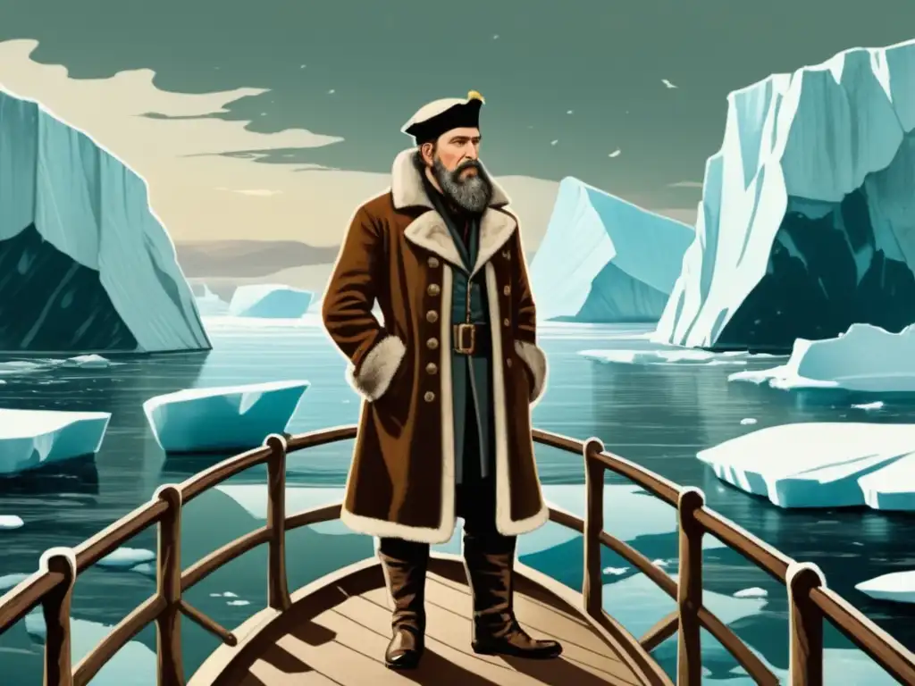 Henry Hudson en su barco, navegando por el Ártico entre icebergs, en busca del Paso del Noroeste