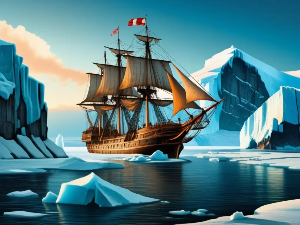 Expedición de Henry Hudson: La Half Moon navegando en aguas heladas del Ártico rodeada de icebergs