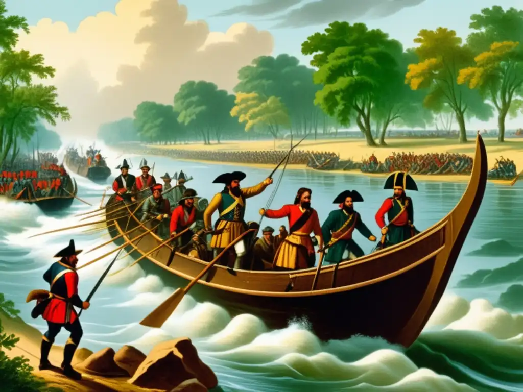 Ilustración histórica de Hernando de Soto cruzando el río Mississippi