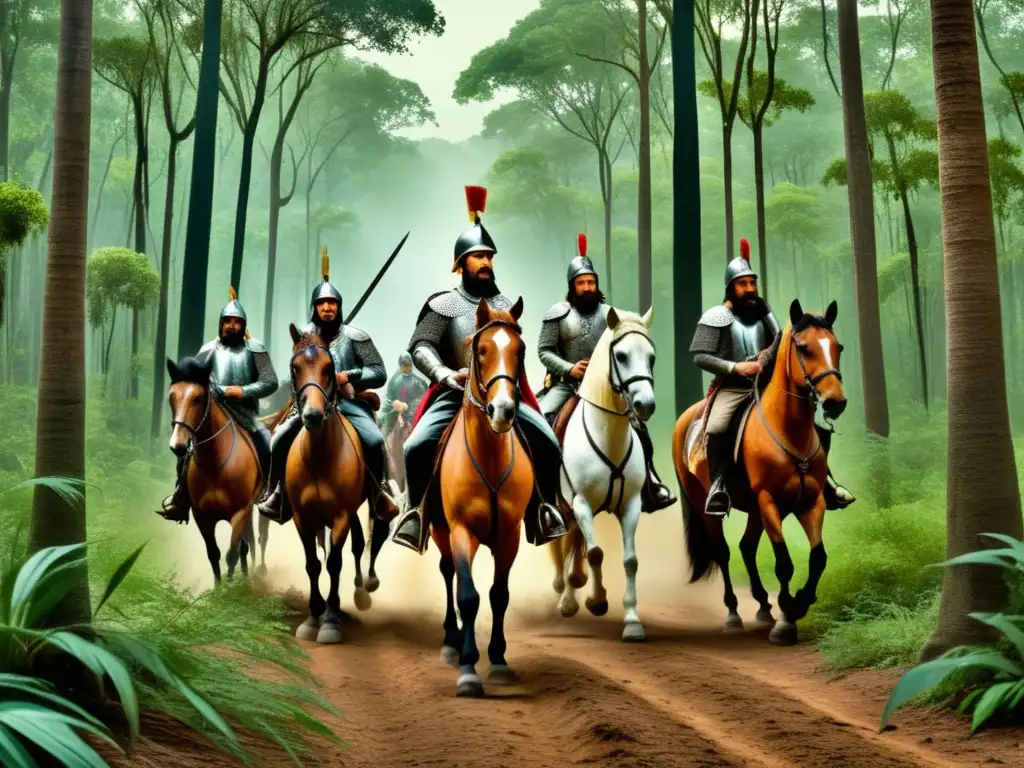 Hernando de Soto y las culturas originarias del sureste norteamericano explorando la densa selva en una imagen detallada