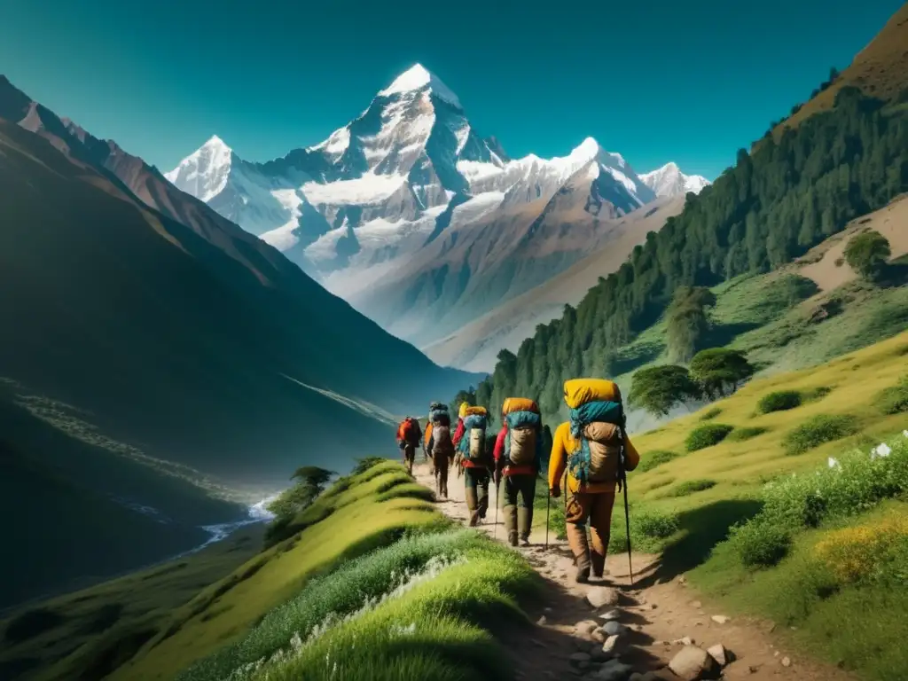 Exploradores en los Himalayas descubriendo flora exótica y botánica en 8k