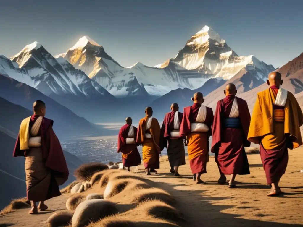 Expediciones religiosas en la majestuosa belleza de los Himalayas: Monte Everest, monjes budistas, y vibrantes oraciones