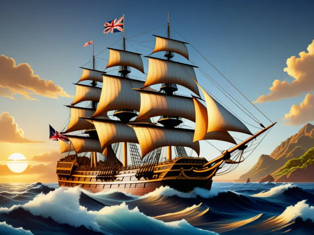 Captura detallada del barco HMS Endeavour de James Cook navegando por el vasto océano Pacífico, evocando aventura y descubrimiento