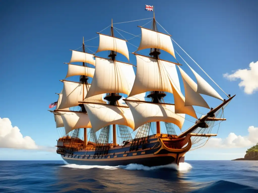 HMS Endeavour, majestuoso velero del siglo XVIII surcando el Pacífico