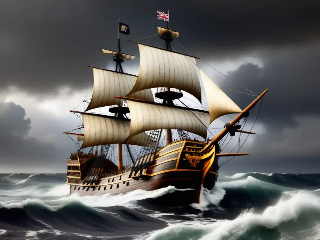 La Supervivencia en la Expedición de Drake alrededor del Mundo: El HMS Golden Hind navegando en mares turbulentos con tripulantes asegurando las velas