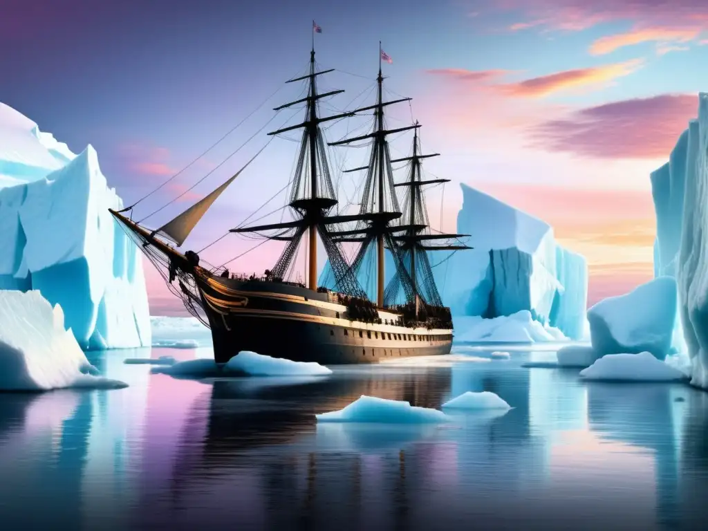 El legado de Cook: expediciones británicas en el siglo XVIII con el HMS Resolution navegando entre icebergs y un majestuoso oso polar