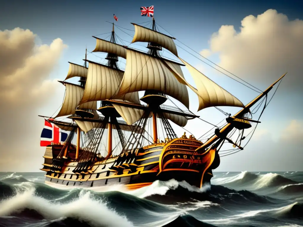 HMS Victory navegando triunfantemente en el Canal de la Mancha, mostrando su majestuosidad histórica y poderosa presencia