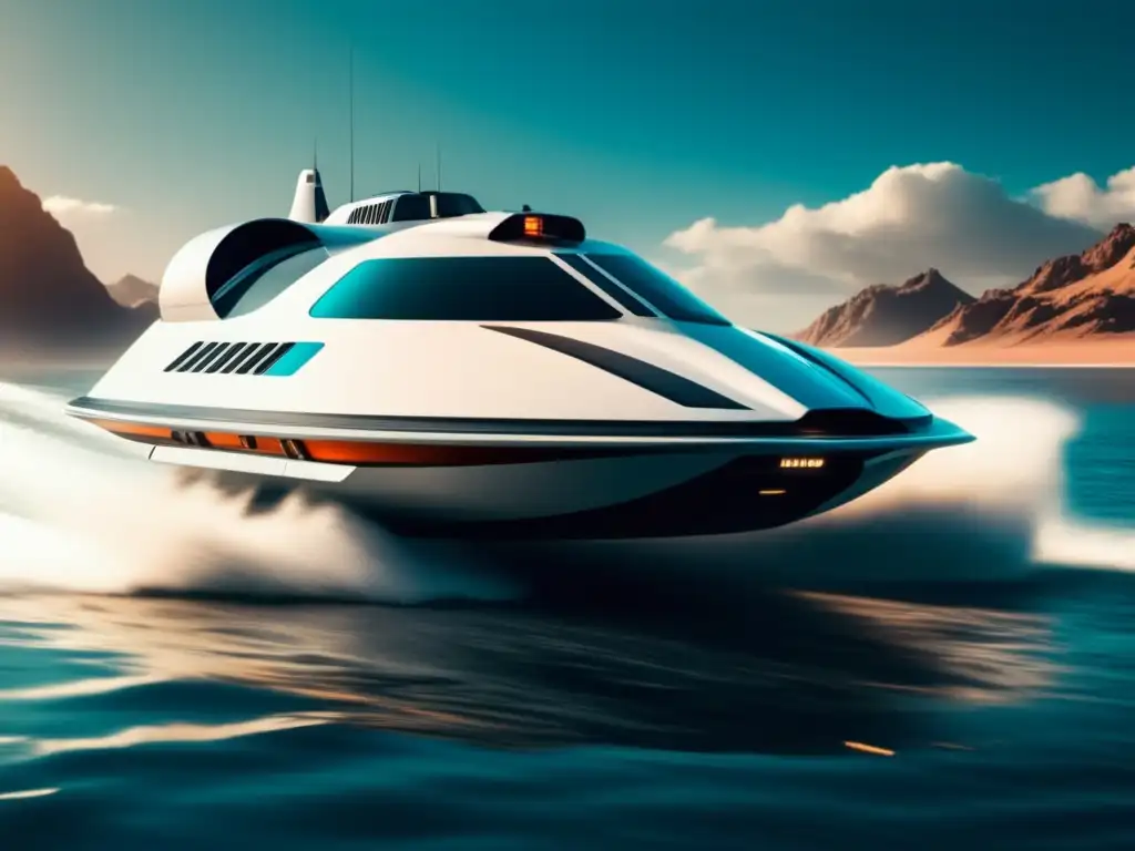 Hovercraft futurista deslizándose sobre el agua con estética vintage