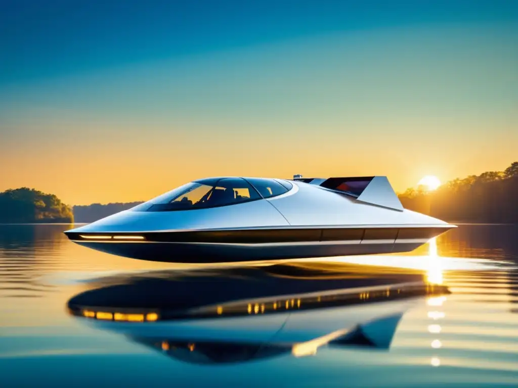 Hovercraft futurista surcando lago tranquilo - ¿Cómo Funcionan los Hovercrafts? Un Vistazo a las Embarcaciones del Futuro